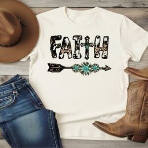 FAITH Western Boho Christian Tee • Turquoise Cross Shirt • Leopard Print Graphic